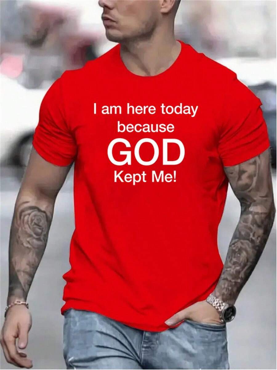 "GOD KEPT ME" Printed Summer Short-Sleeved T-Shirt American Fashion Brand Printing Mens Youth Round Neck Fashion Casual All-Match Tops Outdoor Sports T-Shirts For Men - 紅色 - 查看 1