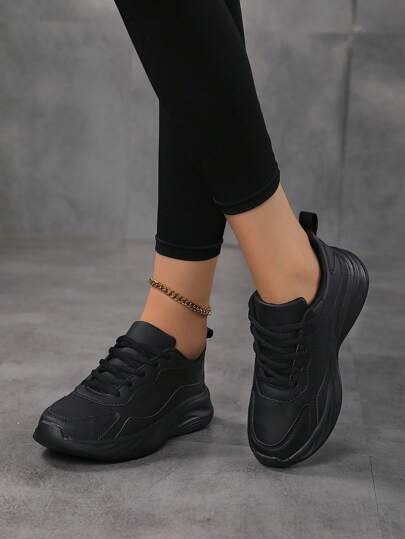 新款加大码女式PU皮轻便软底休闲鞋，女式运动鞋，女式全黑工作鞋，女式黑色鞋，圆头系带鞋，黑色鞋，女式厚底厚底运动鞋