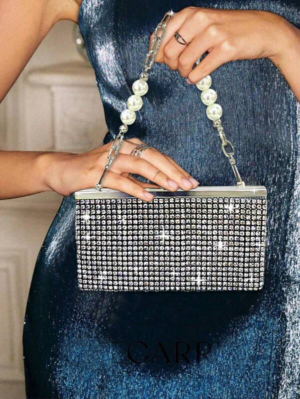 High-Quality Pearl Bow Metal Chain Shiny Large Double-Sided Crystal Rhinestone Evening Bag, Handbag, Clutch, Envelope Bag, Chain Shoulder Bag, Fashion Handbag With Crystal Rhinestone, Shiny PU Envelope Mini Evening Bag, Chain Party Clutch, Evening Bag For Birthday Party, Holiday, Valentine's Day, Gift For Lady