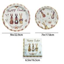 24 件/72 件复活节派对餐具套装 - 棕色格子、蝴蝶结、心形、兔子图案纸盘和餐巾、一次性餐具、复活节主题派对装饰、餐桌装饰