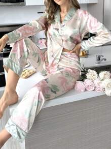 Set de 2 bucăți pentru femei, cu mâneci lungi și pantaloni, cu imprimeu floral, cu design de îmbrăcăminte casual, țesătură ușoară, set de două piese - Roz - Vizualizare 4