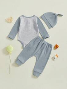 Toddler Baby Boys Outfits Set Contrast Color Long Sleeve Romper With Waffle Solid Pants Hat 3Pcs Clothes Set