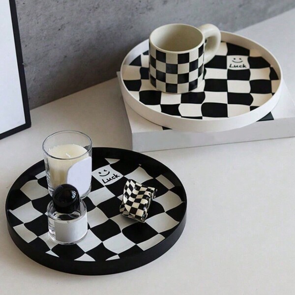 1pc Nordic Checkerboard Cosmetic Decorative Storage Jewelry Tray, Multipurpose Aromatherapy & Cosmetic Storage Organizer For Home, Office Desk Table Decor Back To School