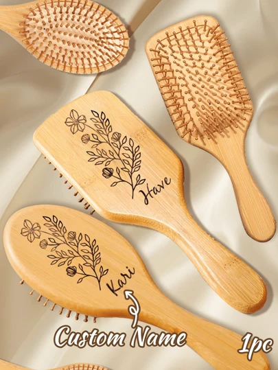 1pc Custom Carved Air Cushion Bamboo Comb, Personalized Hair Brush With Name, Customized Bamboo Hairbrush, Customizable Bamboo Hair Comb For Women, 2 Sizes:S /M, 2 Shapes: Square - Oval Shape, Cute Hair Brush, Spherical Tooth Comb, Suitable For Her, Bestie, Couple, Girlfriend, Daughter, Wife, Mother, Grandma, Colleague, For Gifts For Anniversary