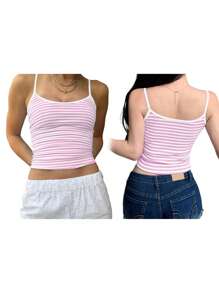 2025 Y2K Women's Cropped Cami Tops Sleeveless Open Back Slim Fit Solid Color/Stripe Print Tank Tops - Pink - View 2