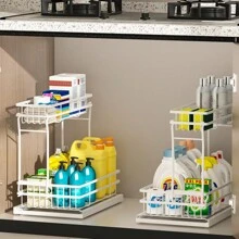 GROWSUN Under Sink Organizer 2 Tier Under Sink Organizers And Storage Adjustable Kitchen Pull Out Cabinet Organizer Metal Sliding Drawer For Bathroom Pantry Cabinet Closet Organization Rack