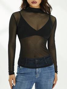Women's See Through Sheer Mesh Blouse Long Sleeve Slim-Fit T-Shirt Crop Tops Clubwear