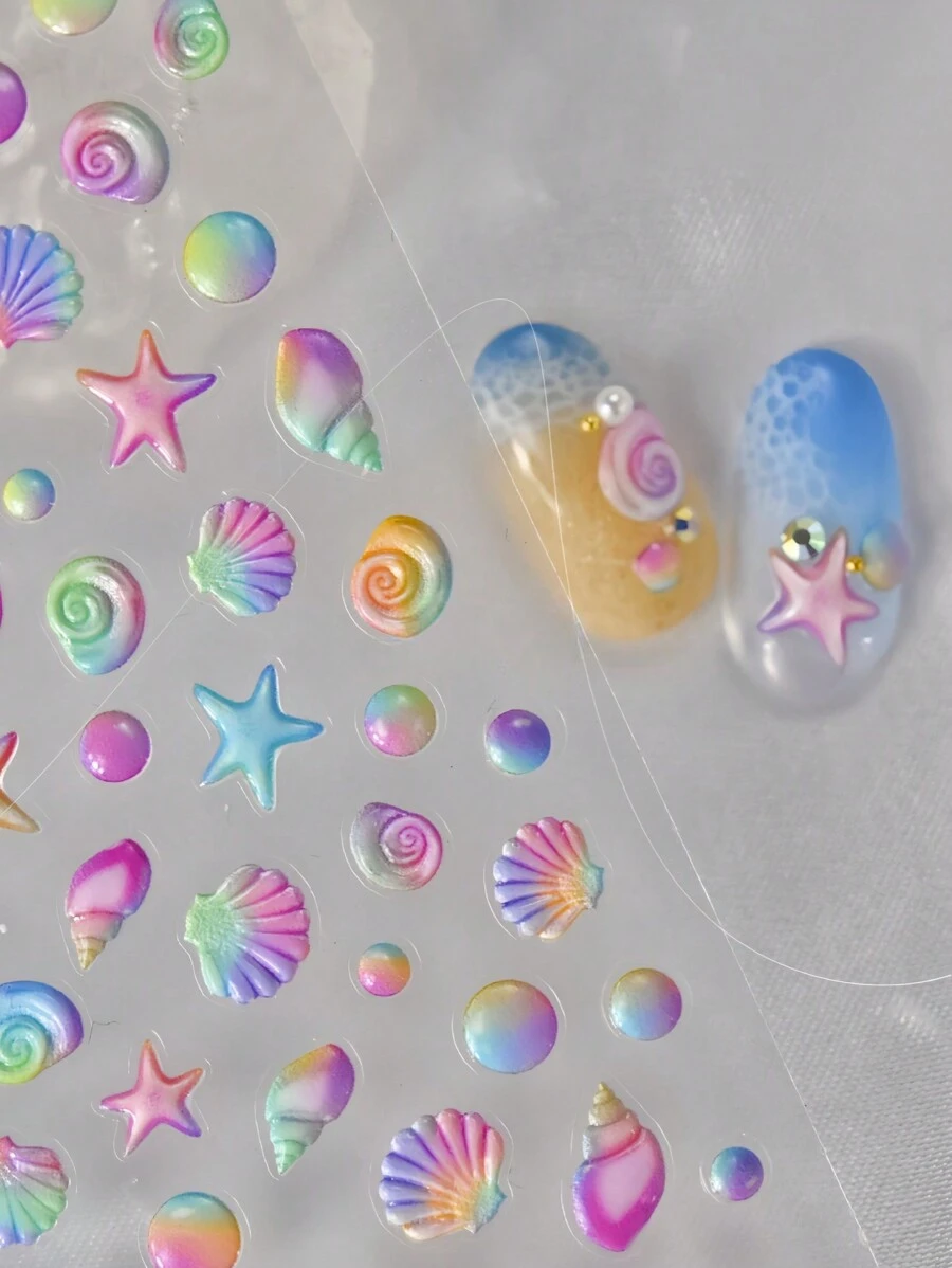 1片5D立體浮雕甲貼，薄而堅韌，透明黏膠彩貝海星珍珠甲貼，適用於小女孩亞克力甲油裝飾甲貼DIY - 彩色 - 查看 1
