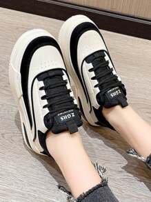 Zapatillas deportivas para mujer,  Zapatillas de cuña para mujer, zapatillas de cuña para mujer, Zapatillas de deporte de PU, cómodas y modernas zapatillas de suela gruesa, zapatillas simples con cordones,zapatillas de tacón alto a la moda, Ideal para uso casual y correr. - Negro - Ver 4