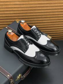 Men's Black & White Patent Leather Brogue Shoes, Lace-Up Thick Sole Elevated Business/Formal Office Dress Shoes, Suitable For Weddings, Parties, Saturday Night Balls, Groom's Wedding Shoes - Black and White - View 9