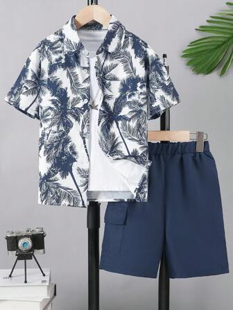 2 件套青少年男童休闲印花短袖 Polo 衫和纯色短裤套装，夏季