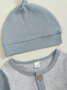 Toddler Baby Boys Outfits Set Contrast Color Long Sleeve Romper With Waffle Solid Pants Hat 3Pcs Clothes Set