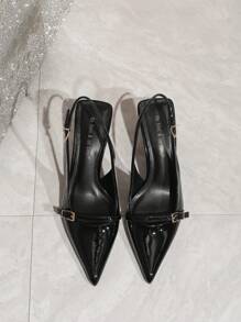 On feet& in love 秋冬女士时尚漆皮搭扣尖头低帮露跟高跟鞋，优雅，派对，细高跟 - 黑色 - 查看 5