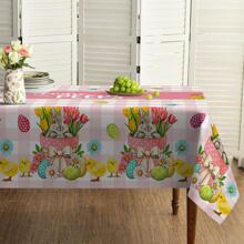 1pc Easter Text Design Tablecloth,Rabbit Bouquet Easter Egg Print Pink Checkered Design Tablecloth,Spring Fresh Design,Festive Party Decor For Indoor And Outdoor, Easter Decoration, Perfect Easter Gift For Family And Friends
