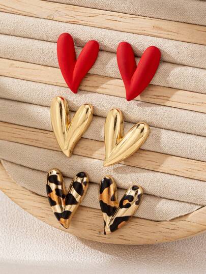 3 Pairs Fashion Personalized Metallic Enamel Leopard & Heart Stud Earring Set, Suitable For Party And Multiple Occasions For Women