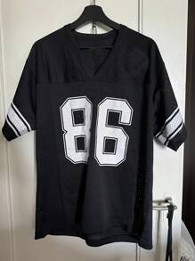 Womens Oversized Jersey Tops Half Sleeve V Neck Letter Graphic Loose T-Shirts Tunics - màu đen - Xem 7