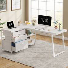 Tribesigns Reversible L-Shaped Desk With 3 Drawers, 53-Inch Home Office Desk, Industrial Corner Computer Desk With Shelves For Small Space - trắng - Xem 8