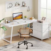 Tribesigns Reversible L-Shaped Desk With 3 Drawers, 53-Inch Home Office Desk, Industrial Corner Computer Desk With Shelves For Small Space - trắng - Xem 4