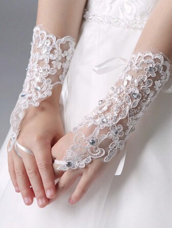 1 Pair Lace Rhinestone Fingerless Gloves, Suitable For Birthday, Party Decor, Flower Girl Wedding Dress, Performance And Other Occasions