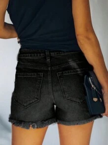 Women's Elastic Frayed Ripped Denim Shorts, Summer - Black - View 2