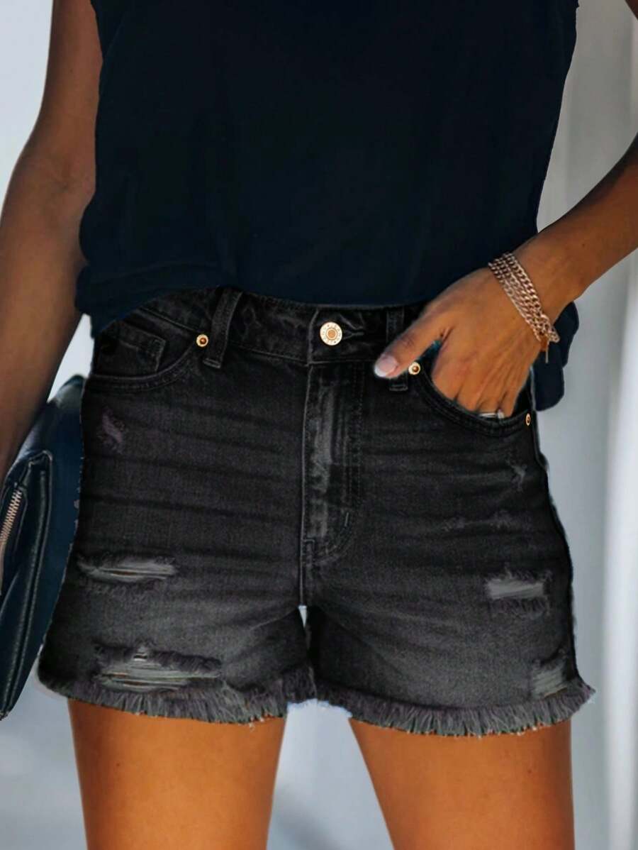 Women's Elastic Frayed Ripped Denim Shorts, Summer - Black - View 1