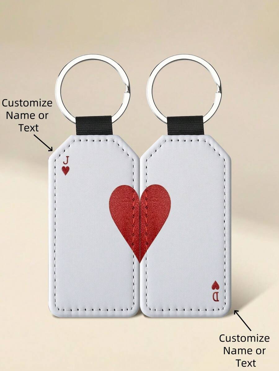 Customized Ace Of Hearts Two-Piece Keychain Set For Couples, Anniversary, Or Wedding, Matching Playing Card Leatherette Keyfobs, Keyrings