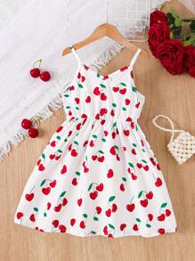 适合年轻女孩的情人节心形和樱桃印花吊带 V 领连衣裙 - 白色 - 查看 1