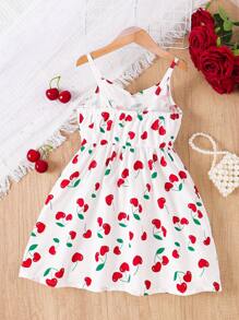 适合年轻女孩的情人节心形和樱桃印花吊带 V 领连衣裙 - 白色 - 查看 2