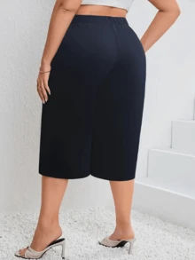 大码纯色宽松阔腿收腰短裤 - 深色水洗藍 - 查看 2