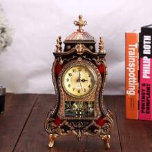 1PC European Vintage Style 33*16.6*8.6Cm Antique Table Clock Home Desktop Decorative Ornaments, Can Be Used For Living Room, Bedroom, Study, Office And Other Home Decorations - 紅色 - 查看 2