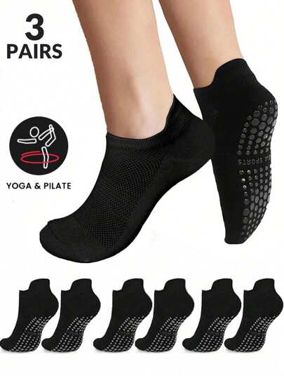 3 Pairs Women's Black Breathable Mesh, Ear Lift, Moisture-Wicking Knit Fabric Socks With Anti-Slip Dots On The Sole, Ins Style, For Sports, Yoga, Dance, Pilates, Indoor Fitness, Holiday Gift, Fall