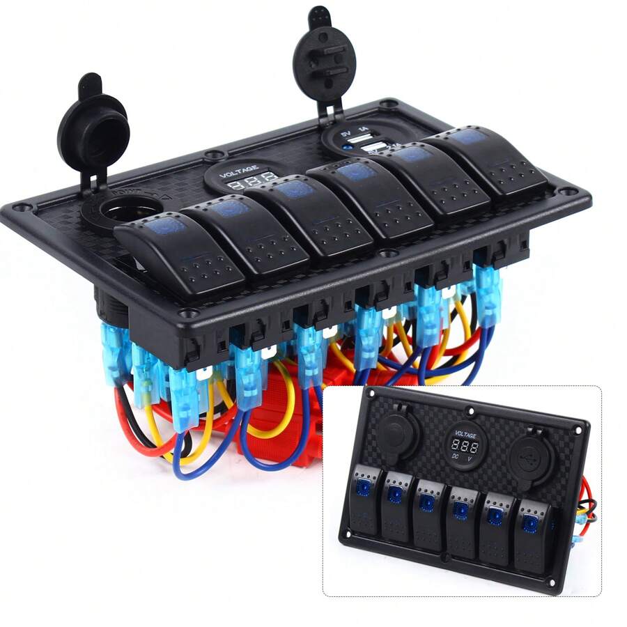 HYYKJ-US LED Switching Panel Car Boat Double Switch 6-Speed Switchboard Voltmeter 12V-24V - 1 - View 1