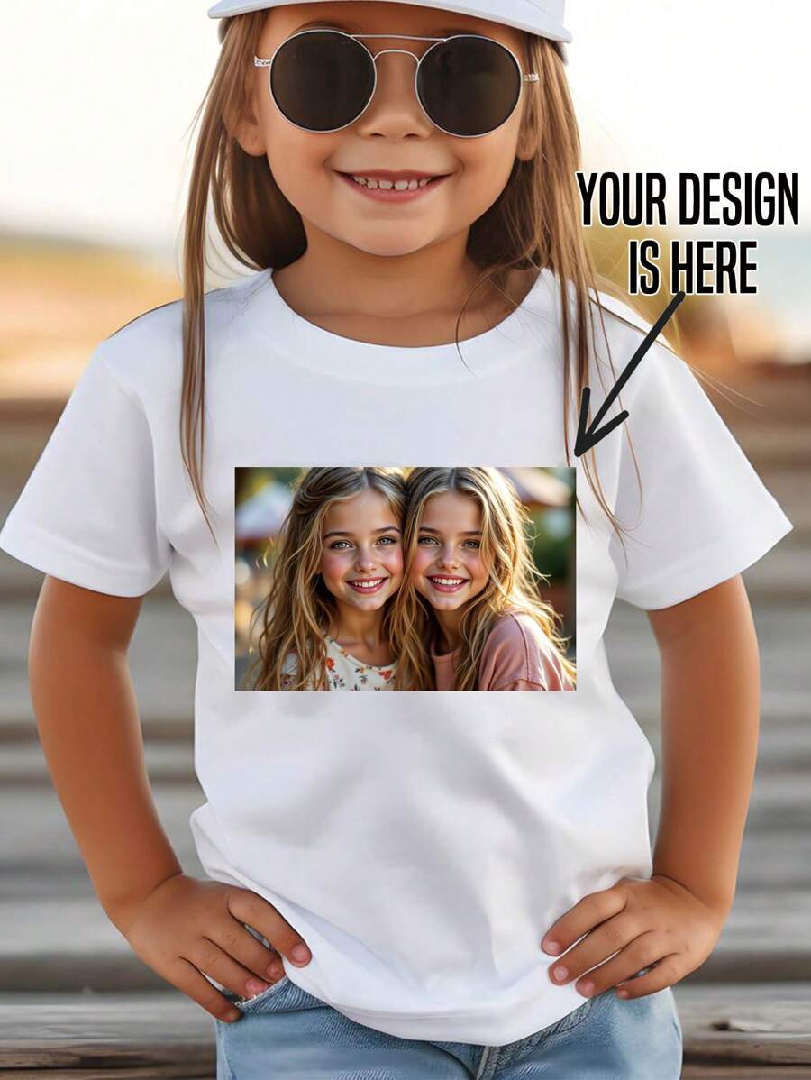 Customized Spring/Summer Girls T-Shirt, Outdoor Sports Tees, Customize Your Photo/Family/Idol/Anime Cartoon/Personal Portrait/Pet/Baby/Friend Images, Memorial Gift, Back To School, Birthday Gift, Party, Casual T-Shirt, Photo Print, Holiday Gift, Best Friend Gift, Surprise Gift, Vacation Wear - White - View 1
