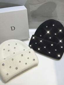 1 szt. Ciężka zdobiona futrem królika i czapką z kryształkami, ciepła, gruba, modna, uniwersalna, słodka, dzianinowa czapka na jesień/zimę