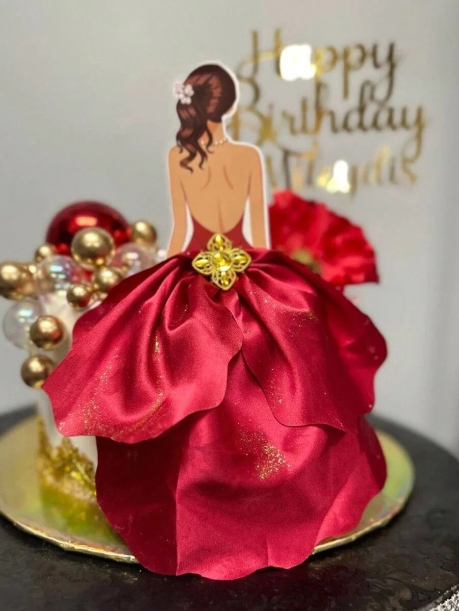 Goddess Silhouette Chiffon Cake Topper, Suitable For Birthday Party, Mother's Day Party, Wedding Party - Red - View 1