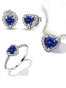 1pc/Set 925 Sterling Silver Blue Heart-Shaped Rhinestone Necklace Ring & Earring Set For Women Fine Jewelry Gift