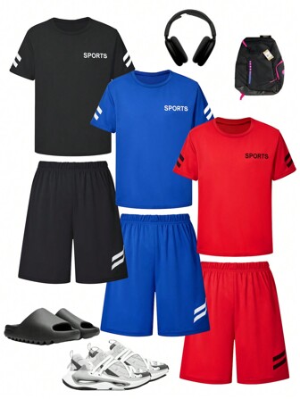 3 Sets Of Tween Boy Fashion Casual Outdoor Summer Sports Style Letter Print Cool Quick Drying Mesh Short Sleeved Shorts Two-Piece Set, Suitable For Summer Outdoor Sports