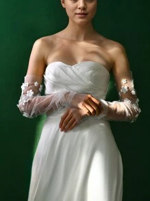 1 对串珠立体花朵新娘袖长网眼露指新娘手套婚纱配饰秋季服装女士