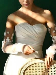 1 对串珠立体花朵新娘袖长网眼露指新娘手套婚纱配饰秋季服装女士