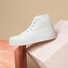 1 Pair Ladies Canvas Shoes Women High Top Platform Trainers Lace Up Pumps Plimsolls Fashion Sneakers Casual Canvas Tennis Shoes For Women - White - View 2