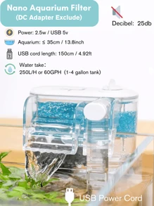 Filtro pequeño de 250 L/H, adecuado para acuarios de 1 a 4 galones, filtración triple, anti-succión, caudal ajustable, cable USB - Blanco - Ver 3