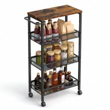 VASAGLE 4-Tier Trolley, Space-Saving Kitchen Cart With Wheels, Steel Frame, Handle, Trolley For Small Spaces, 22 X 45.5 X 77 Cm, Kitchen Bathroom Living Room Studio, Rustic Brown And Black