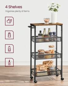 VASAGLE 4-Tier Trolley, Space-Saving Kitchen Cart With Wheels, Steel Frame, Handle, Trolley For Small Spaces, 22 X 45.5 X 77 Cm, Kitchen Bathroom Living Room Studio, Rustic Brown And Black