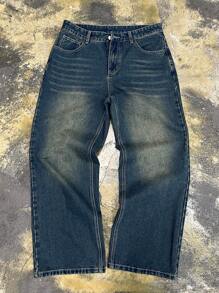 HEHCN Men's Pocketed Washed Retro Vintage Blue Wide Leg Casual Loose Jeans, Streetwear Baggy Pants, Suitable Gift For Husband, Boyfriend - Blue - View 8