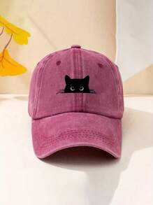 1pc Black Cat Print Washed Baseball Cap, Unisex Outdoor Casual Sun Visor Hat