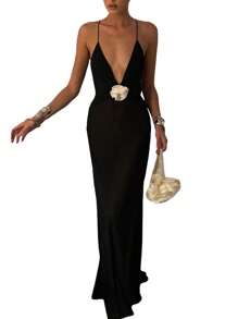 Womens Summer Long Evening Dress Sleeveless Deep V Neck Flower Decor Party Dress - 黑色 - 查看 3