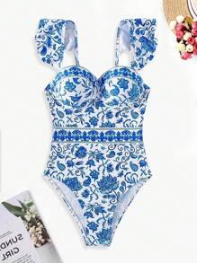 Blue And White Porcelain Print Stylish Comfy Fashion Design One-Piece Swimsuit, Classic And Elegant Swimsuit, Women's Swimwear & Apparel - 藍色 - 查看 8