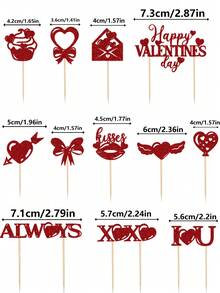 12pcs Burgundy Glitter Paper Cupcake Toppers, Happy Valentine's Day Cake Decorations For Valentine's Day Party - Dark Red - View 5