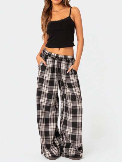 Women's Casual Trousers Classic Plaid Print Elastic Waist Loose Wide Leg Pants Lounge Pants