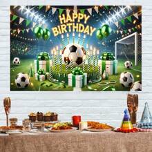 1 pieza Pancarta de cumpleaños con balón de fútbol, telón de fondo de fiesta de poliéster, accesorio de fotografía, sin necesidad de electricidad, suministros para fiestas en el hogar y la cocina